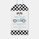 Blauwe Raceauto Klaar Af Baby Shower Cadeaulabel (Achterkant)