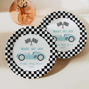 Blauwe Raceauto Klaar Af Baby Shower Papieren Bordje