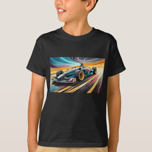 Blauwe raceauto met kleurrijke achtergrond t-shirt (Voorkant)