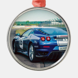 Blauwe Raceauto Metalen Ornament