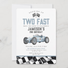 Blauwe raceauto twee snel 2e verparty uitnodiging