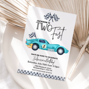 Blauwe raceauto TWEE SNEL Verjaardagsfeestje 2 jaa Kaart