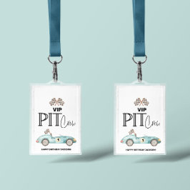 Blauwe raceauto verjaardag, elke leeftijd, VIP PIT Badge