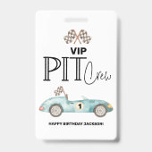Blauwe raceauto verjaardag, elke leeftijd, VIP PIT Badge (Voorzijde)