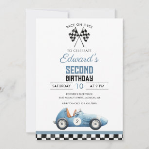 Blauwe raceauto verjaardag voor elke leeftijd kaart