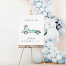 Blauwe raceauto verjaardags welkomstposter