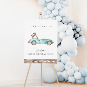 Blauwe raceauto verjaardags welkomstposter poster