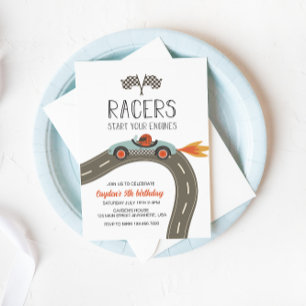 blauwe raceauto verjaardagsuitnodiging kaart