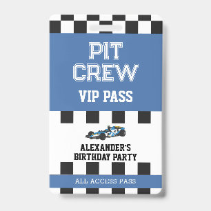 Blauwe Raceauto Vip Pas Pit Crew Verjaardagsfeestj Badge