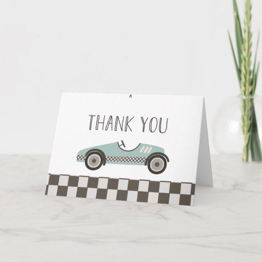 blauwe raceautobaby shower bedankkaart (Voorkant)