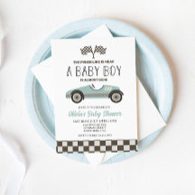 blauwe raceautobaby shower