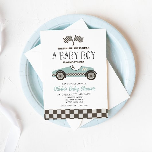 blauwe raceautobaby shower kaart