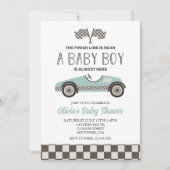 blauwe raceautobaby shower kaart (Voorkant)
