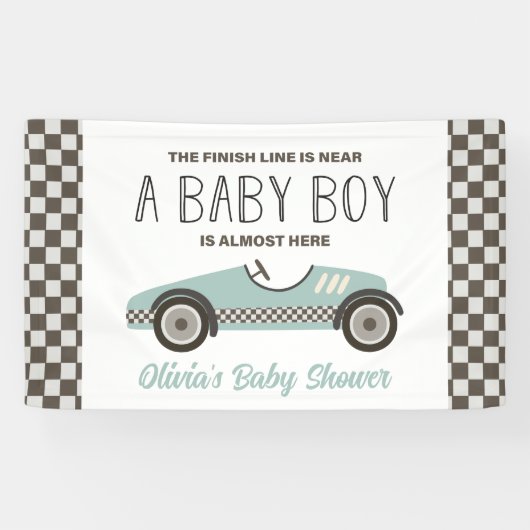 blauwe raceautobabyborrel spandoek (Horizontaal)