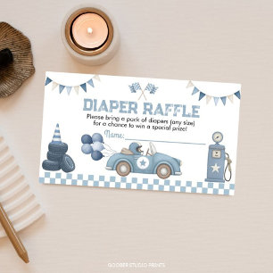 Blauwe raceautobabyshower-luierloterij informatiekaartje
