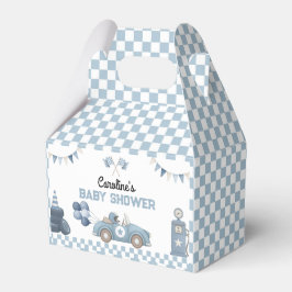 Blauwe raceautothema jongens baby shower bedankdoosjes