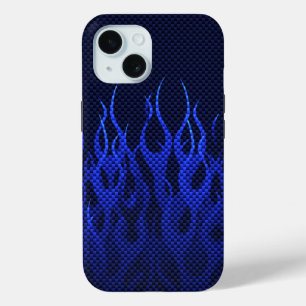 Blauwe Raceflames op Carbon Fiber Print iPhone 15 Case