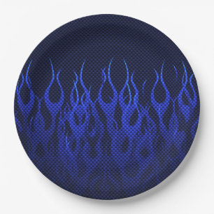 Blauwe Raceflames op Carbon Fiber Print Papieren Bordje