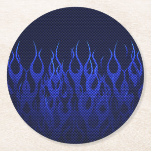 Blauwe Raceflames op Carbon Fiber Print Ronde Kartonnen Onderzetter