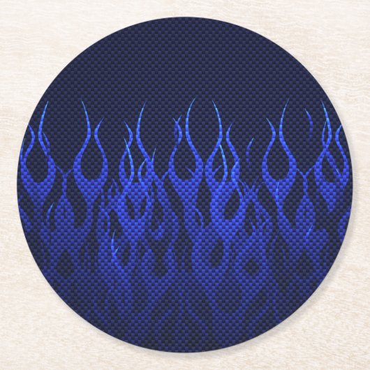 Blauwe Raceflames op Carbon Fiber Print Ronde Kartonnen Onderzetter (Voorkant)