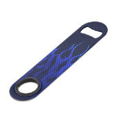 Blauwe Raceflames op Carbon Fiber Print Speed Flessenopener (Achterkant Gekanteld)
