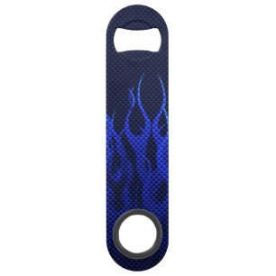 Blauwe Raceflames op Carbon Fiber Print Speed Flessenopener