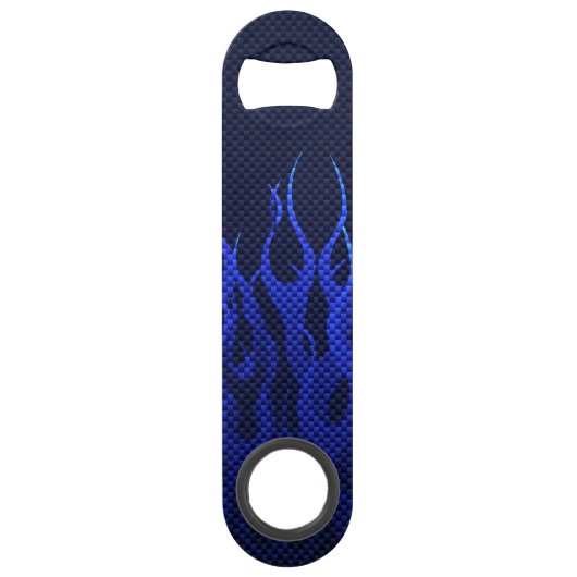 Blauwe Raceflames op Carbon Fiber Print Speed Flessenopener (Voorkant)