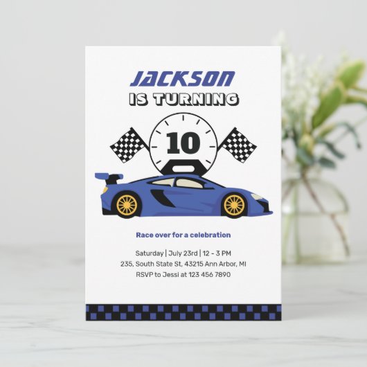 Blauwe racewagen Kinder jongens Birthday Kaart (Staand voorkant)