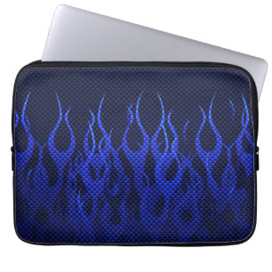 Blauwe Racing Vlammen op Carbon Fiber Print Laptop Sleeve
