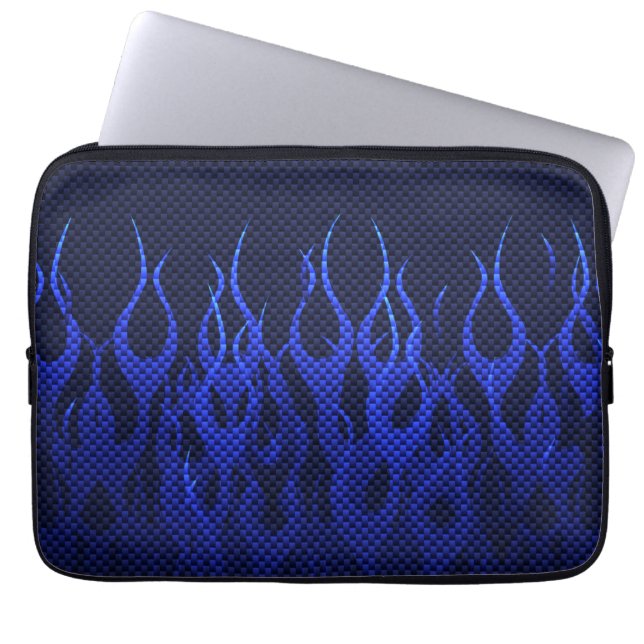 Blauwe Racing Vlammen op Carbon Fiber Print Laptop Sleeve (Voorkant)