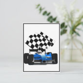 Blauwe radarauto met gecheckte vlag briefkaart (Staand voorkant)
