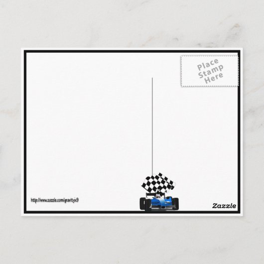 Blauwe radarauto met gecheckte vlag briefkaart (Achterkant)