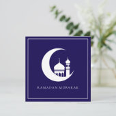 Blauwe Ramadan Mubarak Halve Maan Moskee Feestdagenkaart (Staand voorkant)