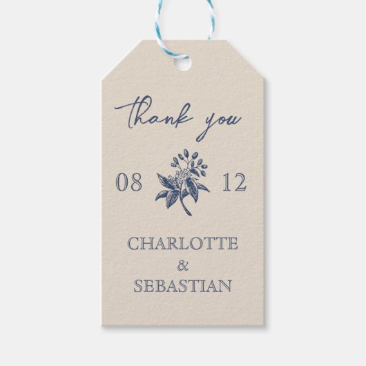 Blauwe Rand Bloemen bruiloft Cadeaulabel (Voorkant)