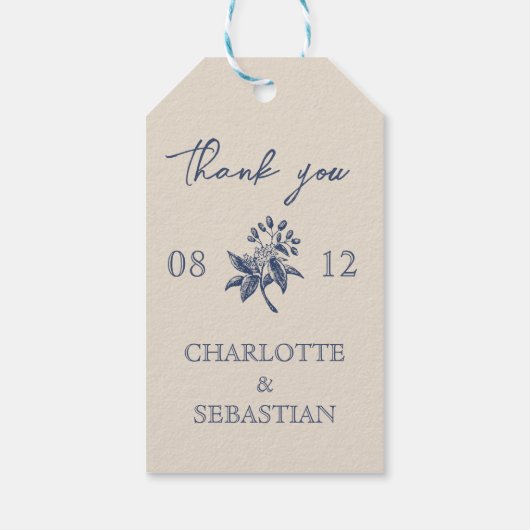 Blauwe Rand Bloemen bruiloft Cadeaulabel (Achterkant)