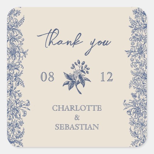 Blauwe Rand Bloemen bruiloft Vierkante Sticker (Voorkant)