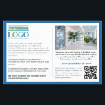 Blauwe rand Grijze tekst Logo & QR Informatief Flyer<br><div class="desc">Informatieve marketingflyer voor uw kleine bedrijf met veel plaats voor uw aangepaste tekst aan de ene kant, samen met uw logo, QR-code en een foto. Aan de andere kant een grotere foto, website-adres en een tagline of kortere tekst. Een blauwe rand die de tekstgerichte promo flyer omkadert, gepersonaliseerd met uw...</div>