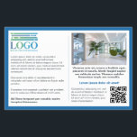 Blauwe rand Grijze tekst Logo & QR Informatief Flyer<br><div class="desc">Informatieve marketingflyer voor uw kleine bedrijf met veel plaats voor uw aangepaste tekst aan de ene kant, samen met uw logo, QR-code en een foto. Aan de andere kant een grotere foto, website-adres en een tagline of kortere tekst. Een blauwe rand die de tekstgerichte promo flyer omkadert, gepersonaliseerd met uw...</div>
