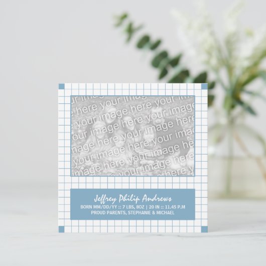 Blauwe rasterfoto aankondiging (Staand voorkant)