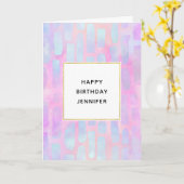 Blauwe rechthoekvormen op roze achtergrond Birthda Kaart (Gele Bloem)