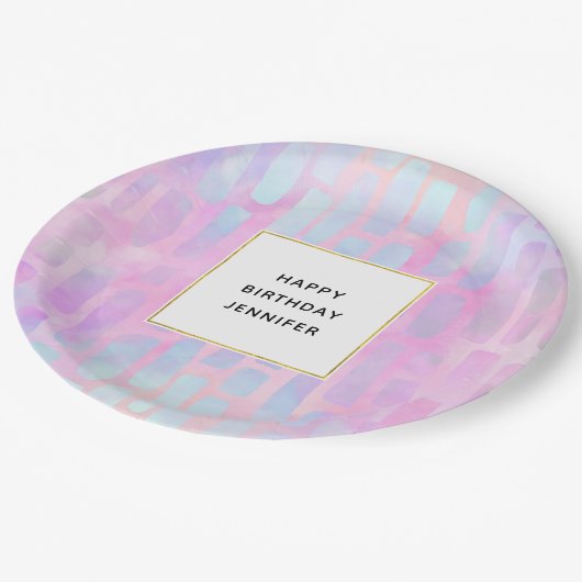 Blauwe rechthoekvormen op roze achtergrond Birthda Papieren Bordje (Gekanteld)