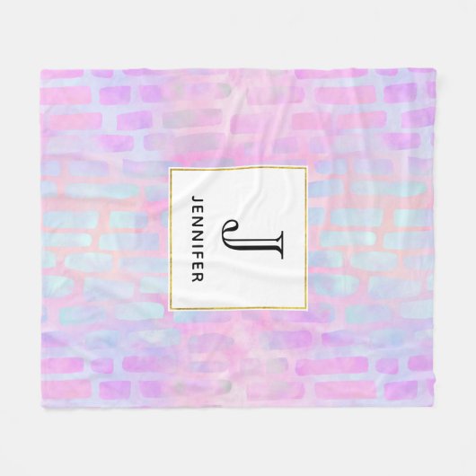 Blauwe rechthoekvormen op roze achtergrondmonogram fleece deken (Voorkant (Horizontaal))