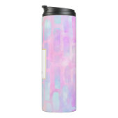 Blauwe rechthoekvormen op roze achtergrondmonogram thermosbeker (Geroteerd rechts)