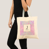 Blauwe rechthoekvormen op roze achtergrondmonogram tote bag (Voorkant (product))