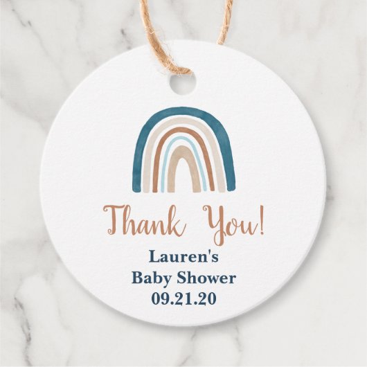 Blauwe regenboog baby shower jongen bedankjes labels (Voorkant)