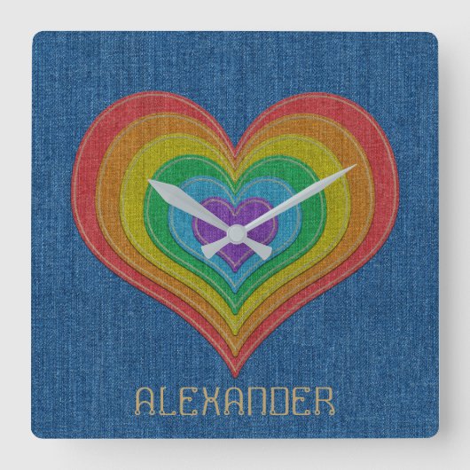 Blauwe regenboog Denim Jeans 6 Harten Gepersonalis Vierkante Klok (Voorkant)