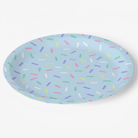 Blauwe regenboog strooit confetti leuk kleurrijk papieren bordje (Gekanteld)