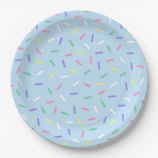 Blauwe regenboog strooit confetti leuk kleurrijk papieren bordje (Voorkant)