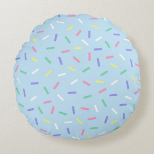Blauwe regenboog strooit confetti leuk kleurrijk rond kussen