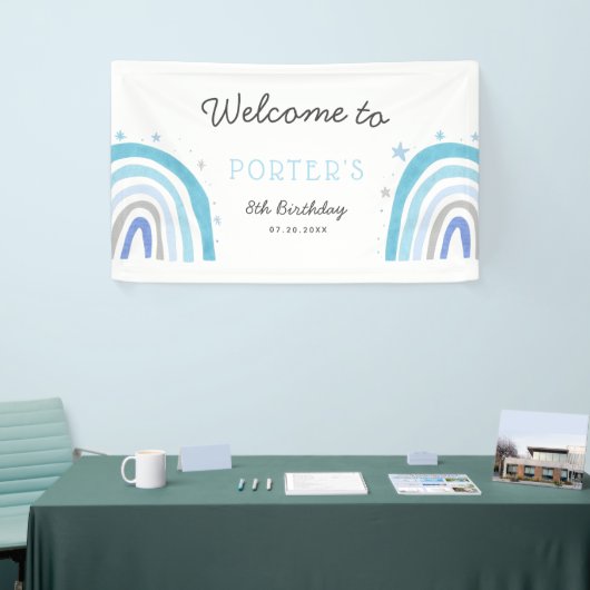 Blauwe Regenboog Verjaardagsfeestje Welkomstbanner Spandoek (Beurs)
